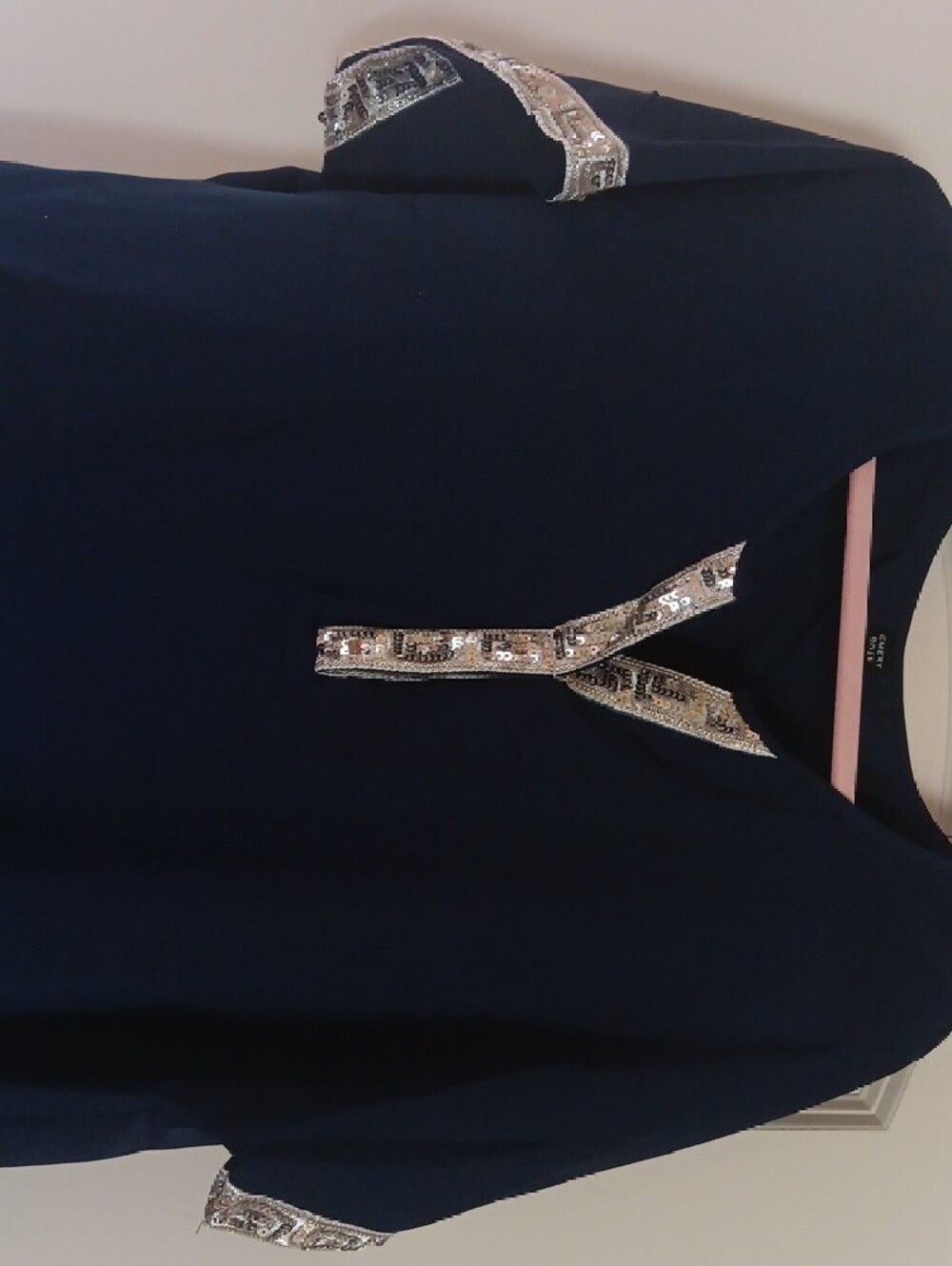 Emery Rose Navy Top with Gold Sequin Trim - Picture 2 of 4